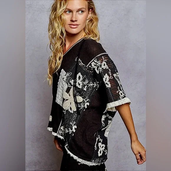 POL Mixed Lace Patchwork Hoodie Top Black Boho Oversized Size Small - Picture 3 of 12